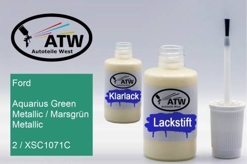 Ford, Aquarius Green Metallic / Marsgrün Metallic, 2 / XSC1071C: 20ml Lackstift + 20ml Klarlack - Set, von ATW Autoteile West.